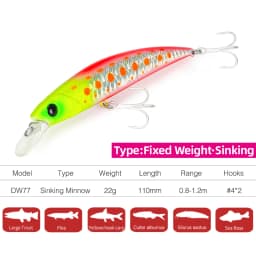 TSURINOYA 4pcs NEW COLOR Sinking Minnow 110S DW77 110mm 22g Long Casting Fishing Lure Large Trout Seabass Sea Fishing Hard Bait