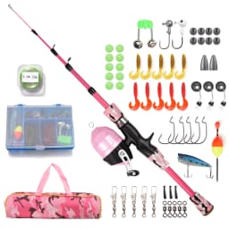 Fishing Rod and Reel Combo Full Kit 1.2m/1.5m Telescopic Casting Rod Pole with Spincast Reel and Hooks Lures Swivels bag