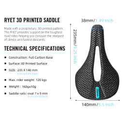 RYET Carbon Fiber 3D Printed Bike Saddle Super Light Road MTB Mountain Racing Seating Bicycle Seat Cushion Cycling Accessories