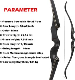 60 Inch Archery Takedown Recurve Bow F171A for Adults/Youth 30-60Lbs American Hunting Bow Magnesium Alloy Metal Right Handed