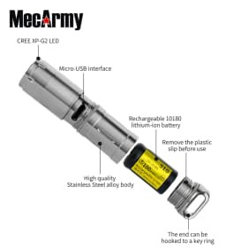 MecArmy X2S Keychain Light 130 Lumen USB Charging Stainless steel Mini Flashlight LED Torch built-in 10180 Battery