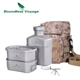 Boundless Voyage Titanium Military Canteen Cups Set 1100ml+750ml+400ml with Lid Chain Camping Cookware Outdoor Cooking Kit
