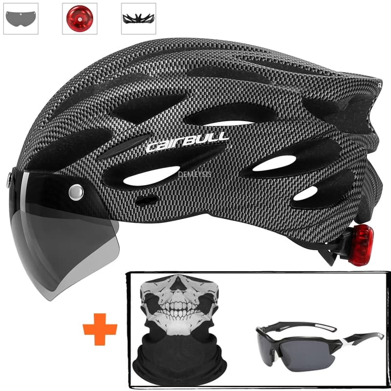 Ultralight Cycling Safety Helmet Outdoor Motorcycle Bicycle Taillight Helmet Removable Lens Visor Mountain Road Bike Helmet