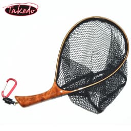 TAKEDO-Fly Fishing Landing Net, Soft Rubber Mesh Trout Net, Cinnamomum Camphora, Wooden Handle Catch and Release Net, TKL003