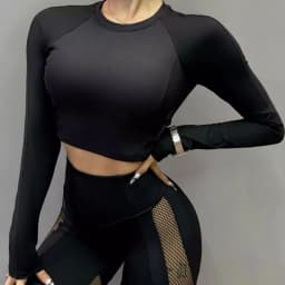 Autumn Women's Fitness Yoga Sport Top Long-Sleeved With Chest Pads Sexy Fishing Net Hollow Out Splicing Tight Slim High Elastic