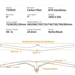 TOSEEK Handlebars MTB Bicycle Integrated Handlebar and Stem -17 Degrees Carbon Fibre Handle Bar Mountain Bike Parts 28.6mm