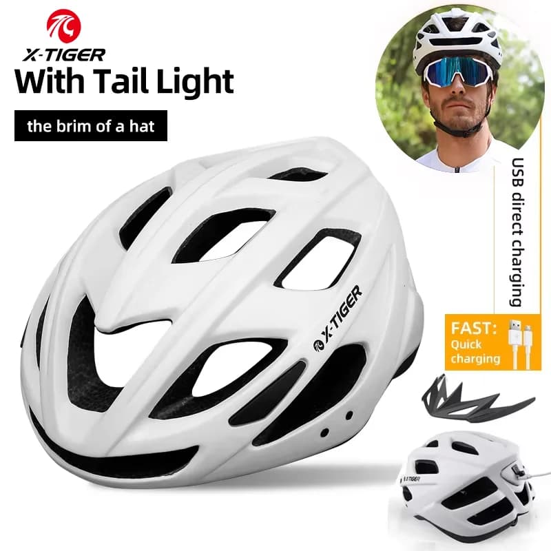 X-TIGER Cycling Helmet LED Tail Light Breathable One-piece Mountain Road Sports Bicycle Helmet Rechargeable with Brim Design