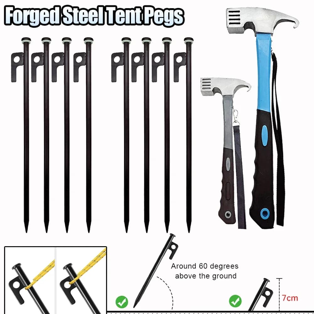 8Pcs Tent Pegs Beach Tent Stakes Heavy Duty Unbreakable Tent Pegs with Storage Bag & Hammer for Outdoor Camping