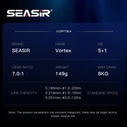 Seasir Vortex 149g Baitcasting Reel 7.0:1 High Speed Gear Ratio 5+1BB Max Drag 8kg Fresh Saltwater Fishing Coil