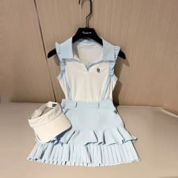 PL New Golf Clothes Women Ruffle Sleeveless V-Neck T-shirt Ladies Fly Sleeve Slim Tank Top High Waist Pleated Tennis Skirts Golf