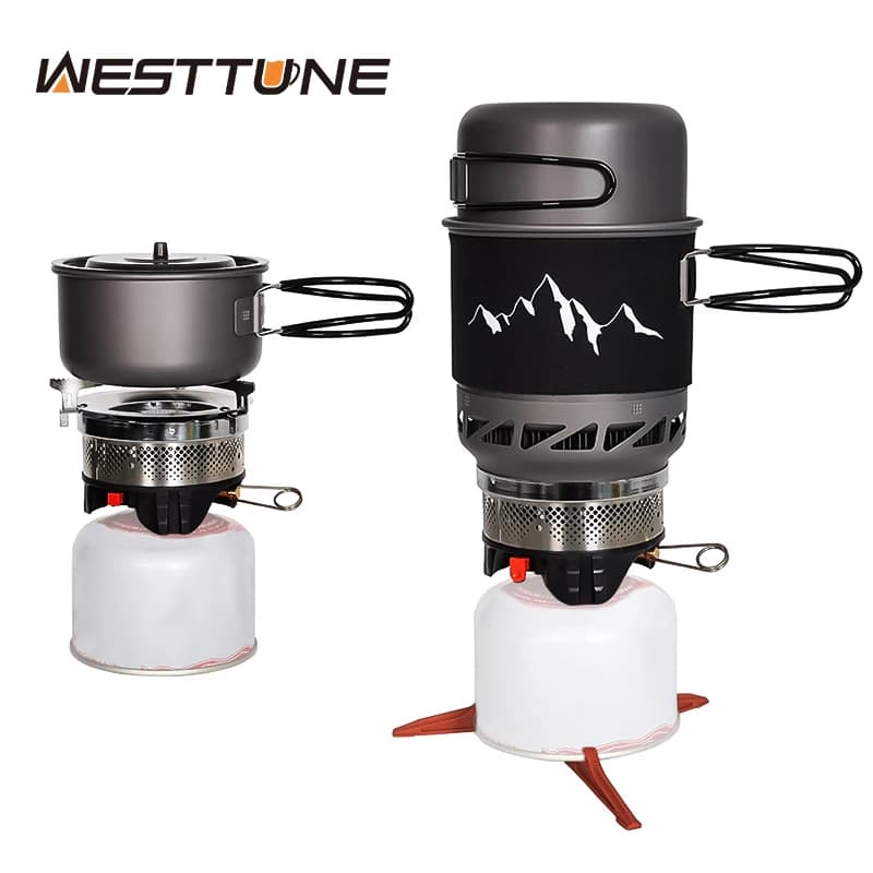 WESTTUNE Camping Cooking Set Stove Pot Pan Cookware System with Heat Exchanger Outdoor Propane Cooking Gear Outdoor Supplies