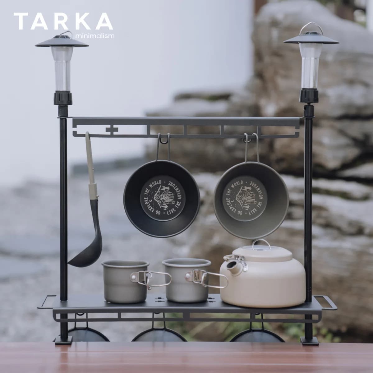 TARKA Camping Shelf Lantern Stand, Tableware Tools Hanging Rack, Multifunctional IGT Tabletop Storage Rack Light Holder