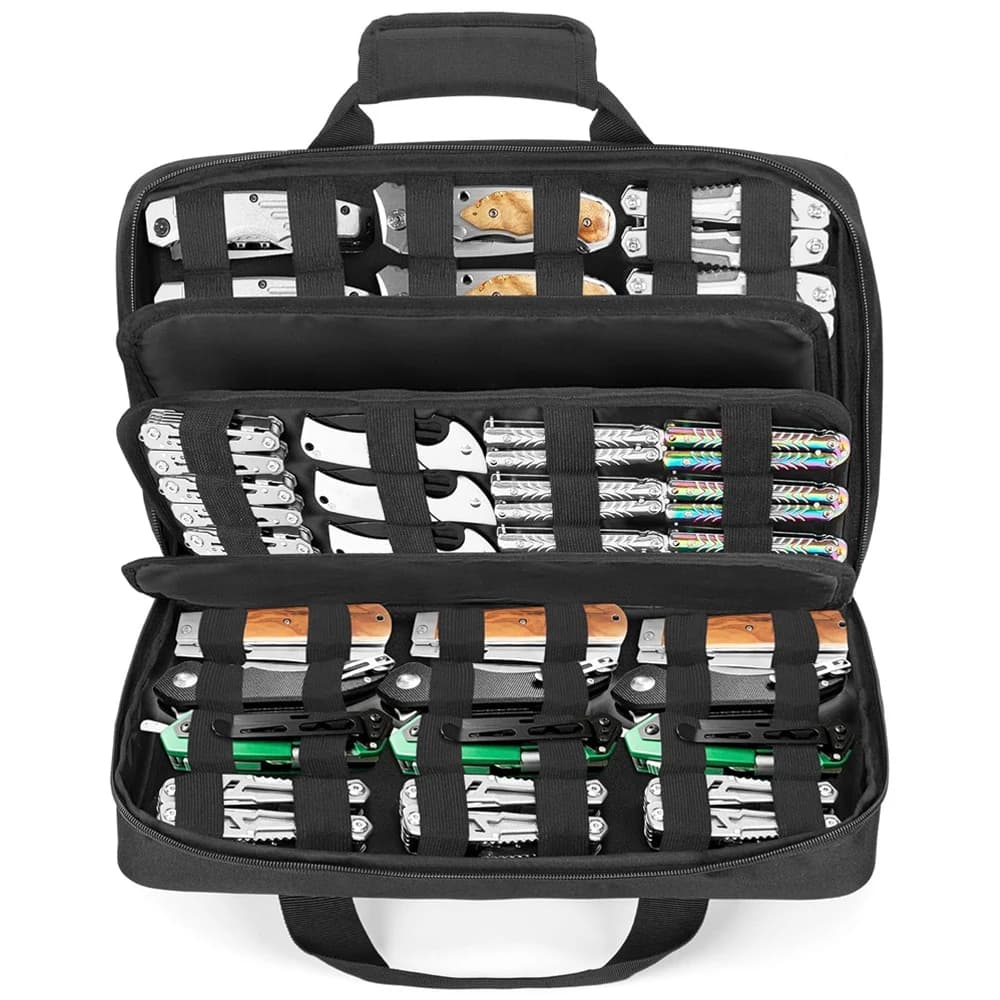 Tactical Knife Storage Bag Knives Display Bag 74+ Pocket Knife Organizer Soft Storage Case with 3 Different Size Slots