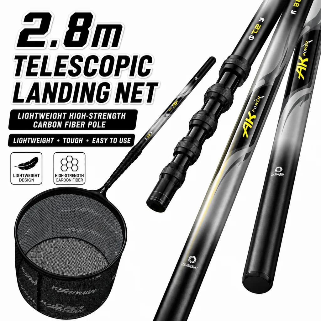 Telescopic Fishing Net 2.8m Carbon Fiber Landing Net with Lightweight Tough Pole for Freshwater Saltwater