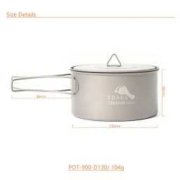 TOAKS 900ml Titanium Pot, 900ml D130mm Titanium Pot Camping Cookware Outdoor Pots, Hiking Equipment(POT-900-D130)