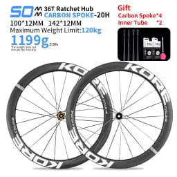 KORE CYCLONE Carbon Spoke Wheelset-50mm-T1000 Carbon Rims 36T/60T Ratchet Hub XDR/HG 700C Design for Ultra-Light Road Racing
