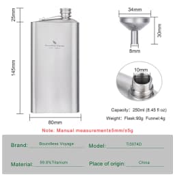 Boundless Voyage 250ml Titanium Hip Flask Ultralight Camping Flask Bottle for Whiskey Vodka Wine Outdoor Travel Equipment