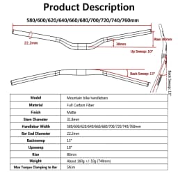 Syncros Carbon Bike Handlebars Mountain Bicycle Handlebar 13 Degrees Swallow-shaped Handle Bar 31.8mm Rise Bars 580mm-760mm