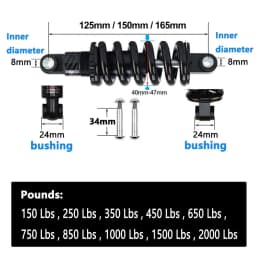 AttLvTu-Bike Rear Shock Absorber, Spring, MTB, 125mm, 150mm, 165mm, GS-121A, 100 to 2000 lbs, Suspension Damper