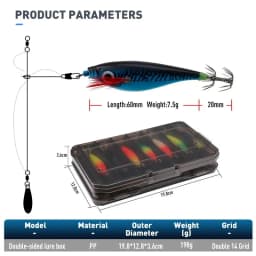 LEYDUN Luminous Horizontal Squid Jig Wood Shrimp Squid Hook 14pcs/Set Fishing Lures Cuttlefish Shrimp Saltwater Baits