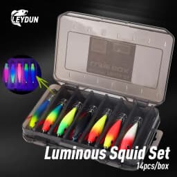 LEYDUN Luminous Horizontal Squid Jig Wood Shrimp Squid Hook 14pcs/Set Fishing Lures Cuttlefish Shrimp Saltwater Baits