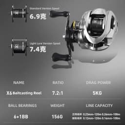 HASIDA X6 Baitcasting Fishing Reel Standard and Micro Version 3 Ball Bearings 156g 7.2:1 5kg Drag Power AT7 Aluminum Spool