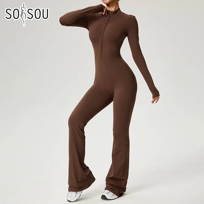 New Zipper Jumpsuit Flared Pants Women Clothing Sportswear Gym Yoga Sport Sets Spandex Nylon Workout Sets Women Tracksuit