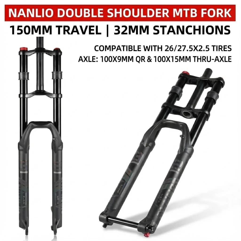 NanLio Dual Crown MTB Air Fork 27.5/29 Inch (2.5" Tire) - 150mm Travel, Rebound Adjust, 32mm 15/9x100mm for E-Bike & Downhill