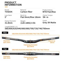 TOSEEK Bicycle Handlebar MTB Bike Handle Bar Carbon Fibre Handlebars 31.8mm Width 580/600/620/640/660/700/720/740/760mm