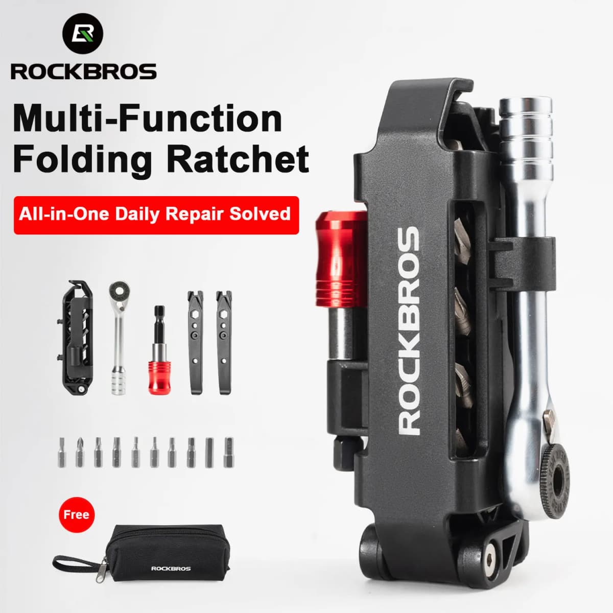 ROCKBROS Portable Folding Bicycle Repair Ratchet Wrench Set - All-in-One Bike Repair Kit with Hex Keys Tire Levers for Road/MTB