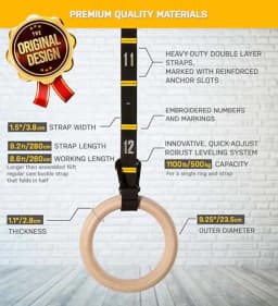 Wood Gymnastics Rings Adjustable Double-Layer Numbered Straps Locked Carabiners Body Exercise Workout Home Gym Rings