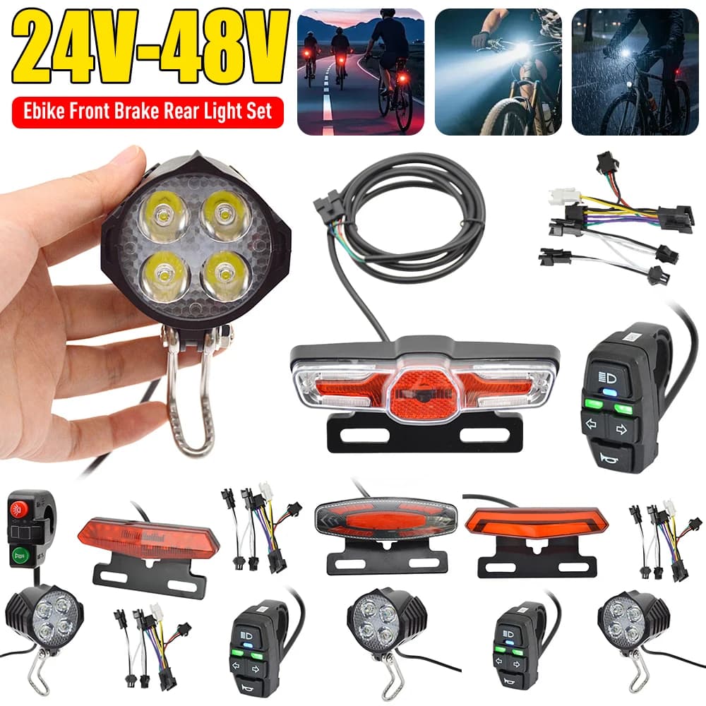 Ebike Front Brake Rear Light Set 24V 48V LED Electric Scooter Front Brake Rear Light Set with Horn Headlight Switch Tail Light