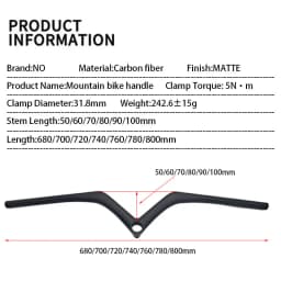 Carbon Fiber MTB Handlebar Stem 28.6mm Diameter 680/720/780/800mm Length Mountain Bike Cycling Parts