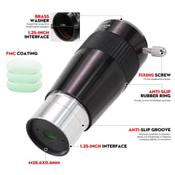 Datyson All-Metal 5X Barlow Lens with Apochromatic Correction, 1.25-Inch, 2-Group 4-Element Fully Multi-Coated Green Film