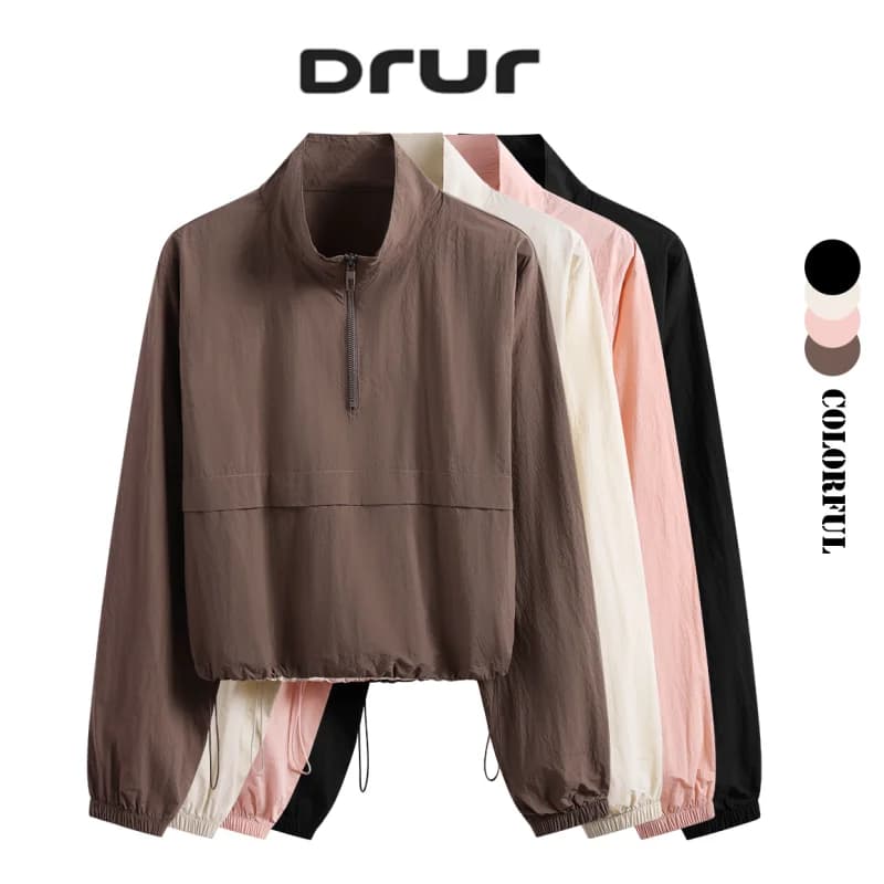 DRUR Women's Long Lightweight Running Jacket and Quick Dry Zipper Sports Windbreaker Outdoor Active Stand Neck Hooded Jacket New