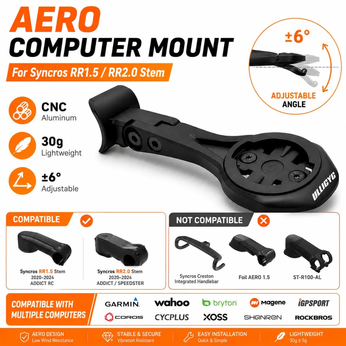 Aero Computer Mount for Syncros RR1.5 RR2.0 Stem Garmin Edge 1050 1040 840 Wahoo ROAM BOLT Bryton Magene Bike GPS Mount