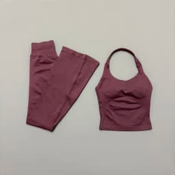 HISTELLO 2 Piece Gym Set Women Seamless Flare Leggings Sports Yoga Halter Neck Top Suit Backless Workout Fitness Sportswear Set
