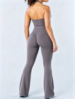 HISTELLO 2 Piece Gym Set Women Seamless Flare Leggings Sports Yoga Halter Neck Top Suit Backless Workout Fitness Sportswear Set