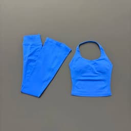 HISTELLO 2 Piece Gym Set Women Seamless Flare Leggings Sports Yoga Halter Neck Top Suit Backless Workout Fitness Sportswear Set