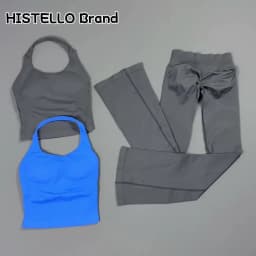 HISTELLO 2 Piece Gym Set Women Seamless Flare Leggings Sports Yoga Halter Neck Top Suit Backless Workout Fitness Sportswear Set