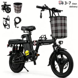 Foldable electric bicycle for adults, equipped with 14-inch tires, featuring 8 shock absorbers, a 500W motor power, a 48V 15Ah c