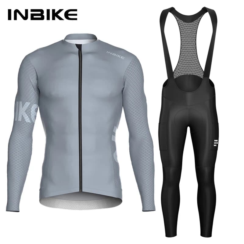 INBIKE Men's Cycling Set Long Sleeve Jersey Bib Pants Quick-Dry Road Bike Suit with Pockets Spring Autumn Cycling Clothing Man
