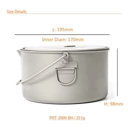 TOAKS Titanium 2000ml Pot with Lid and Bail Handle Portable for Outdoor Camping Hiking POT-2000-BH