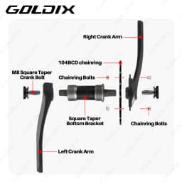 GOLDIX Square Hole Bicycle Crankset Aluminum Alloy MTB Crank 165/170/175mm Length Narrow Wide Teeth 104BCD 32/34/36/38/40/42T