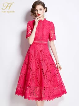 H Han Queen Spring New Elegant Casual Work Party Dresses Floral Crochet Hollow Out Lace Patchwork Casual Office Midi Dress