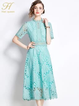 H Han Queen Spring New Elegant Casual Work Party Dresses Floral Crochet Hollow Out Lace Patchwork Casual Office Midi Dress