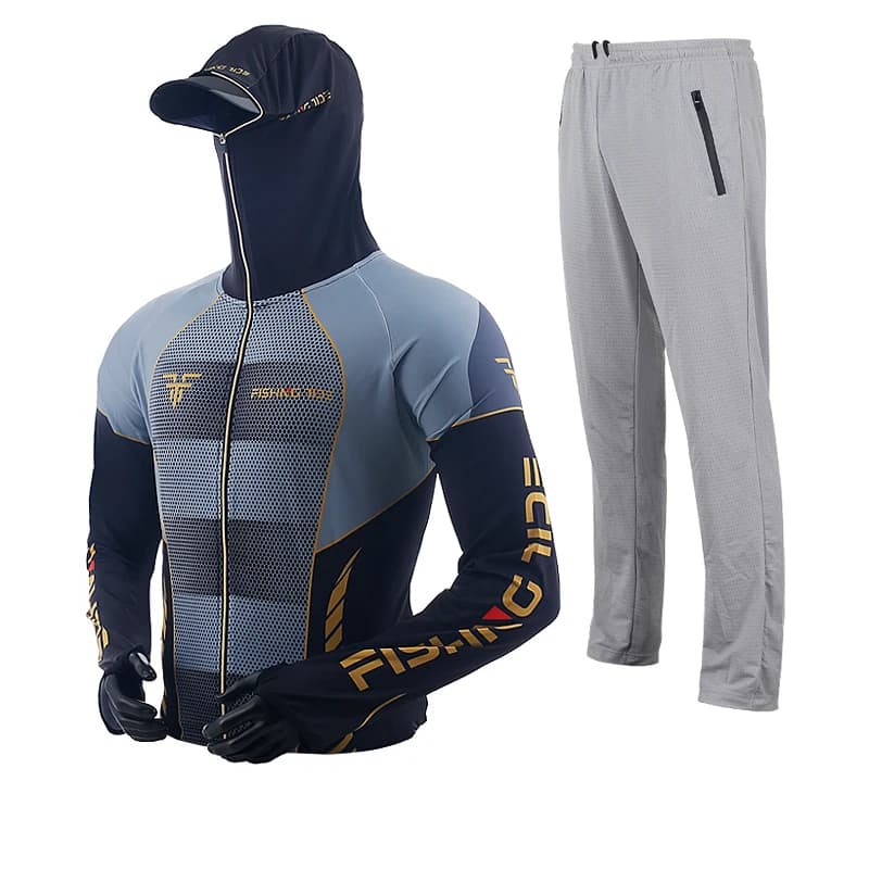 Men's High Quality Fishing Suit Summer Sun Protection Breathable Ice Silk Quick Dry Fishing Hoodie & Pants 2 Piece Set