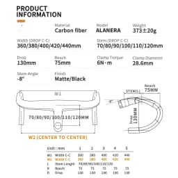 ALANERA RS T1000 Carbon Integrated Road Handlebar with Computer Mount, Internal Cable Routing, 28.6mm Steerer & Spacers