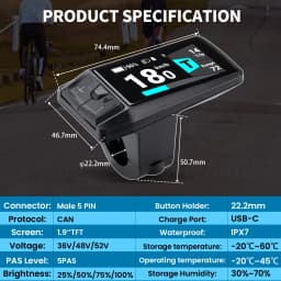 BAFANG Display C080 Bluetooth 1.9" TFT Screen Speedometer & Computer with Type-C Port for For BAFANG Motor CAN Protocol 5PIN