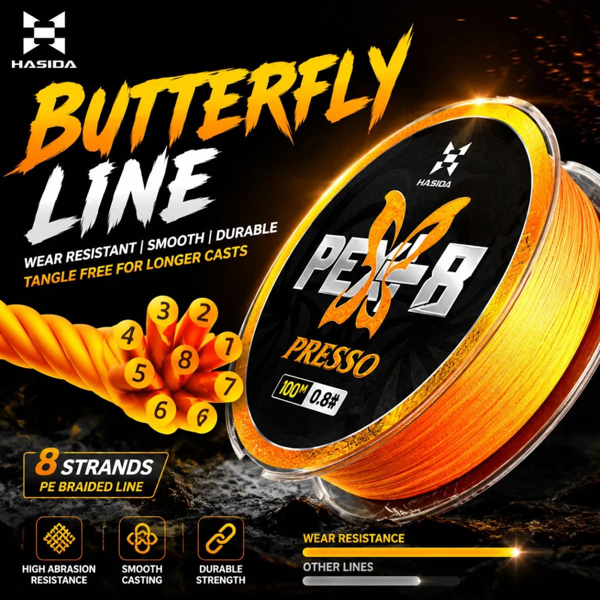 HASIDA Butterfly 100m 8Braided PE PEX+ Tech Standard Line Dia Smooth Soft Environmentally Friendly 0.6-5.0# Anti UV Fishing Line